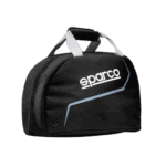 Black Sparco racing gear bag with white handles, ideal for motorsport enthusiasts and racewear storage.