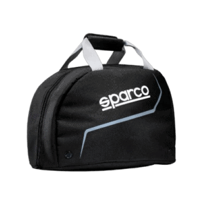Black Sparco racing gear bag with white handles, ideal for motorsport enthusiasts and racewear storage.