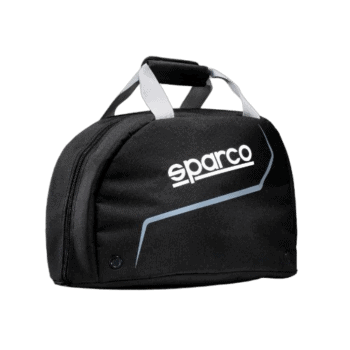Black Sparco racing gear bag with white handles, ideal for motorsport enthusiasts and racewear storage.