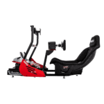 High-performance racing simulator seat with steering wheel and pedals for motorsport enthusiasts.