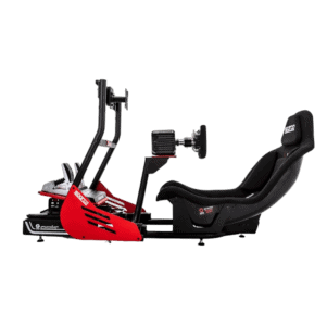High-performance racing simulator seat with steering wheel and pedals for motorsport enthusiasts.