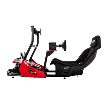 High-performance racing simulator seat with steering wheel and pedals for motorsport enthusiasts.