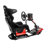 High-performance racing simulator seat with steering wheel and pedal setup for immersive Grand Prix racing experience.