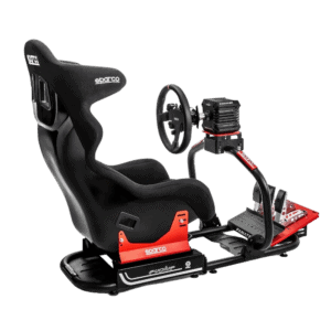 High-performance racing simulator seat with steering wheel and pedal setup for immersive Grand Prix racing experience.