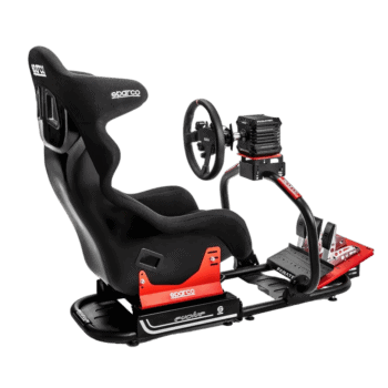High-performance racing simulator seat with steering wheel and pedal setup for immersive Grand Prix racing experience.