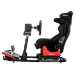 High-performance racing simulator seat with steering wheel and pedals for motorsport training and gaming.