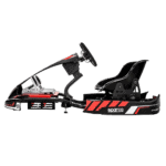 High-performance racing simulator seat with steering wheel and pedals, designed for professional motorsport training and gaming.