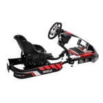 High-performance racing simulator with racing seat, steering wheel, and pedals for immersive motorsport experience.