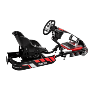High-performance racing simulator with racing seat, steering wheel, and pedals for immersive motorsport experience.
