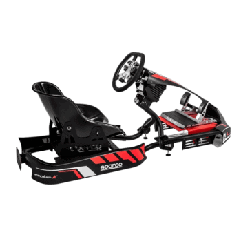 High-performance racing simulator with racing seat, steering wheel, and pedals for immersive motorsport experience.