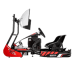 Grand Prix Racewear racing simulator with a racing seat, steering wheel, pedals, and a large monitor for immersive motorsport experience.