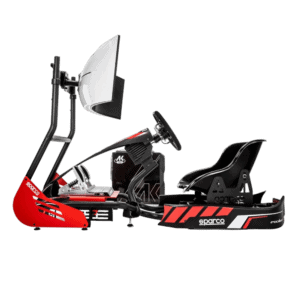 Grand Prix Racewear racing simulator with a racing seat, steering wheel, pedals, and a large monitor for immersive motorsport experience.