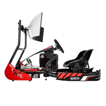 Grand Prix Racewear racing simulator with a racing seat, steering wheel, pedals, and a large monitor for immersive motorsport experience.