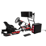 Sim racing rig with racing seat, steering wheel, pedals, large monitor, and speaker system for immersive motorsport gaming.