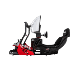 Sim racing cockpit with racing seat, steering wheel, and monitor for immersive motorsport gaming experience.