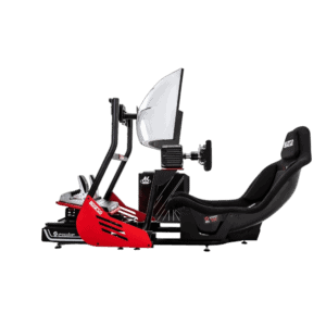 Sim racing cockpit with racing seat, steering wheel, and monitor for immersive motorsport gaming experience.
