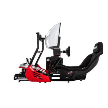Sim racing cockpit with racing seat, steering wheel, and monitor for immersive motorsport gaming experience.