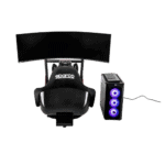 Sim racing setup with a racing seat, dual monitors, and a gaming PC, ideal for motorsport enthusiasts and professional drivers.