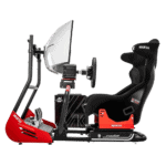 Grand Prix racing simulator with racing seat, steering wheel, pedals, and monitor for immersive motorsport experience.
