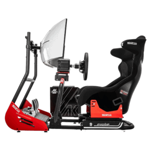 Grand Prix racing simulator with racing seat, steering wheel, pedals, and monitor for immersive motorsport experience.