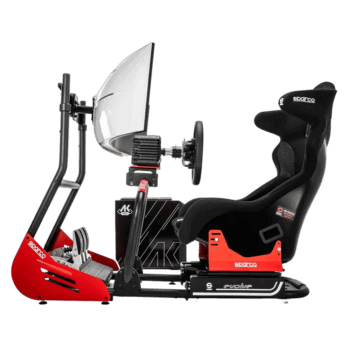 Grand Prix racing simulator with racing seat, steering wheel, pedals, and monitor for immersive motorsport experience.