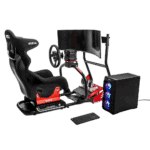 High-end racing simulator setup with racing seat, steering wheel, pedals, curved monitor, and gaming PC for immersive Grand Prix racing experience.