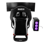 High-performance racing simulator seat with Sparco branding, racing wheel, and triple monitor setup for immersive motorsport experience.