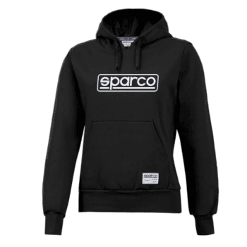 Black Sparco hoodie with white logo, ideal for motorsport enthusiasts and racewear fans.