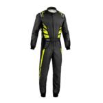 Grand Prix Racewear racing suit in black with neon yellow accents, designed for motorsport safety and performance.