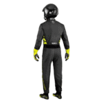 Motorsport racing suit and helmet from Grand Prix Racewear, designed for professional drivers, featuring black and neon yellow accents.