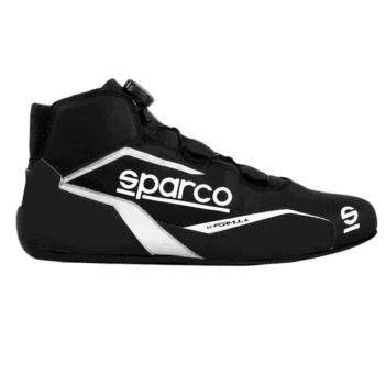 Sparco K-Formula racing shoe in black with white accents, designed for motorsport drivers for optimal grip and comfort.