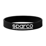 Black silicone wristband with white 'sparco' logo, ideal for motorsport fans and racers.