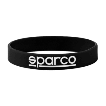 Black silicone wristband with white 'sparco' logo, ideal for motorsport fans and racers.