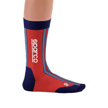 Red and navy blue Grand Prix Racewear sock with white logo and racing stripe design, ideal for motorsport enthusiasts and racers.