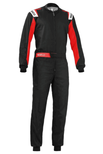 Grand Prix Racewear racing suit in black with red and white accents, designed for motorsport safety and performance.