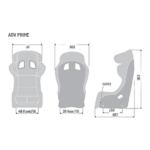 Technical drawing of Grand Prix Racewear racing seat with dimensions and ergonomic design features.