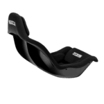 Black racing seat with Grand Prix Racewear branding, designed for motorsport safety and comfort.