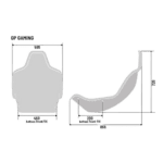 Technical drawing of a racing seat with dimensions for Grand Prix Racewear, highlighting ergonomic design and safety features.