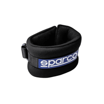 Black racing helmet neck collar with Sparco logo for motorsport safety and comfort.
