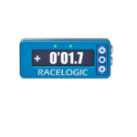 Racelogic lap timer device in blue with digital display showing 0'01.7 for motorsport timing and race data recording.