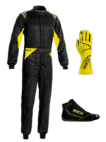 Sparco racing suit, gloves, and shoes for motorsport racing, black with yellow accents, designed for safety and performance.
