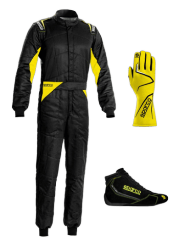 Sparco racing suit, gloves, and shoes for motorsport racing, black with yellow accents, designed for safety and performance.