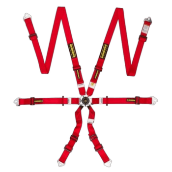 Red racing harness with multiple straps and metal buckles, used for safety in motorsport racing.