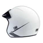White OMP racing helmet with black visor and aerodynamic design, ideal for motorsport safety and performance.