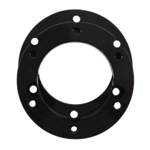 Black racing wheel spacer for motorsport vehicles, designed for optimal fit and performance in Grand Prix racewear.