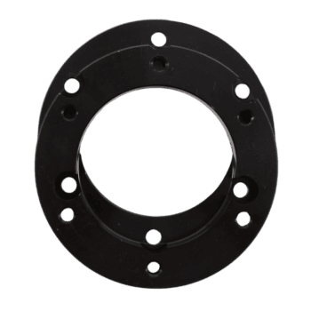 Black racing wheel spacer for motorsport vehicles, designed for optimal fit and performance in Grand Prix racewear.