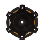 Black and yellow Grand Prix Racewear wheel hub with mounting holes for racing vehicle wheels.