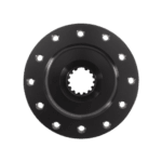 Black racing wheel hub with multiple bolt holes for Grand Prix Racewear motorsport accessories.