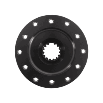 Black racing wheel hub with multiple bolt holes for Grand Prix Racewear motorsport accessories.