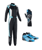 Grand Prix Racewear racing suit, gloves, and shoes for motorsport enthusiasts, featuring black and blue design with protective gear for racing safety.